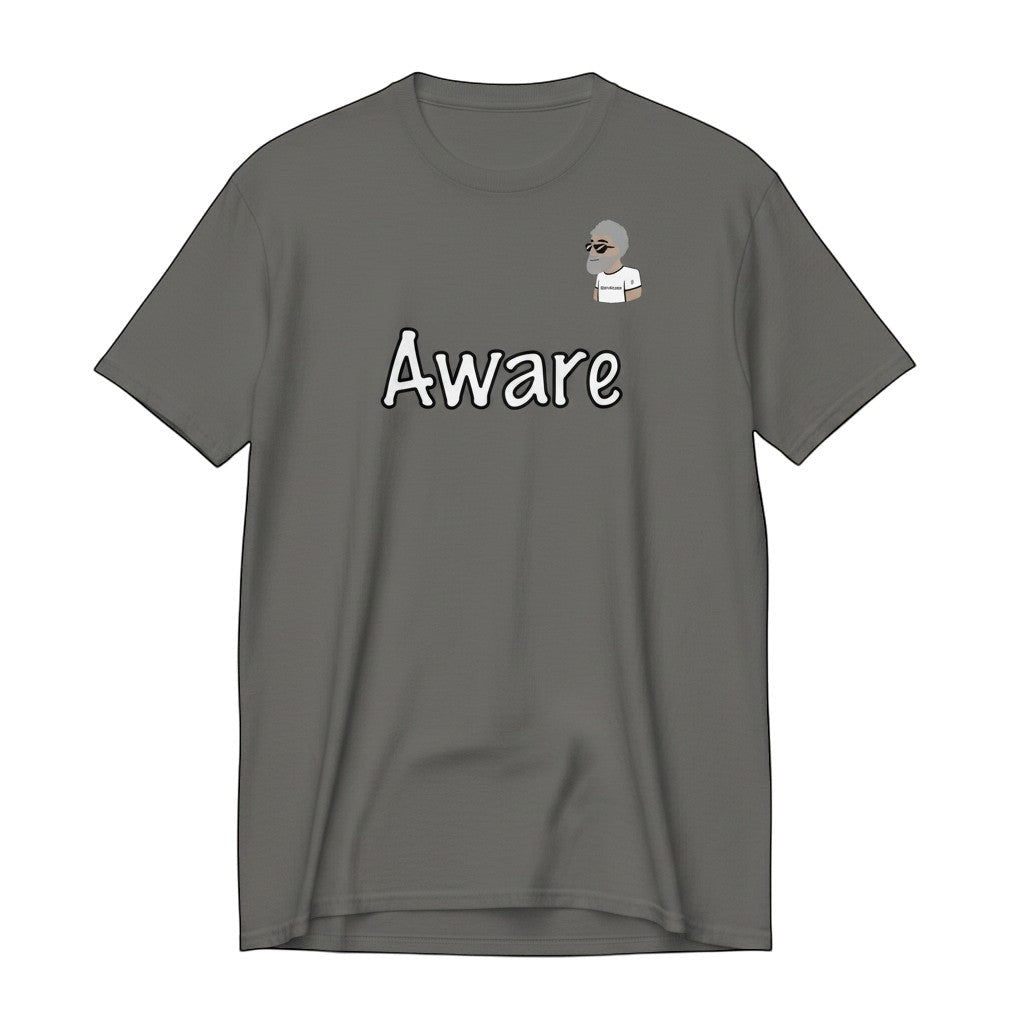 Big Daddy Allen Productions grey cotton t-shirt with "Aware" graphic and BDA logo on chest. Relaxed fit.