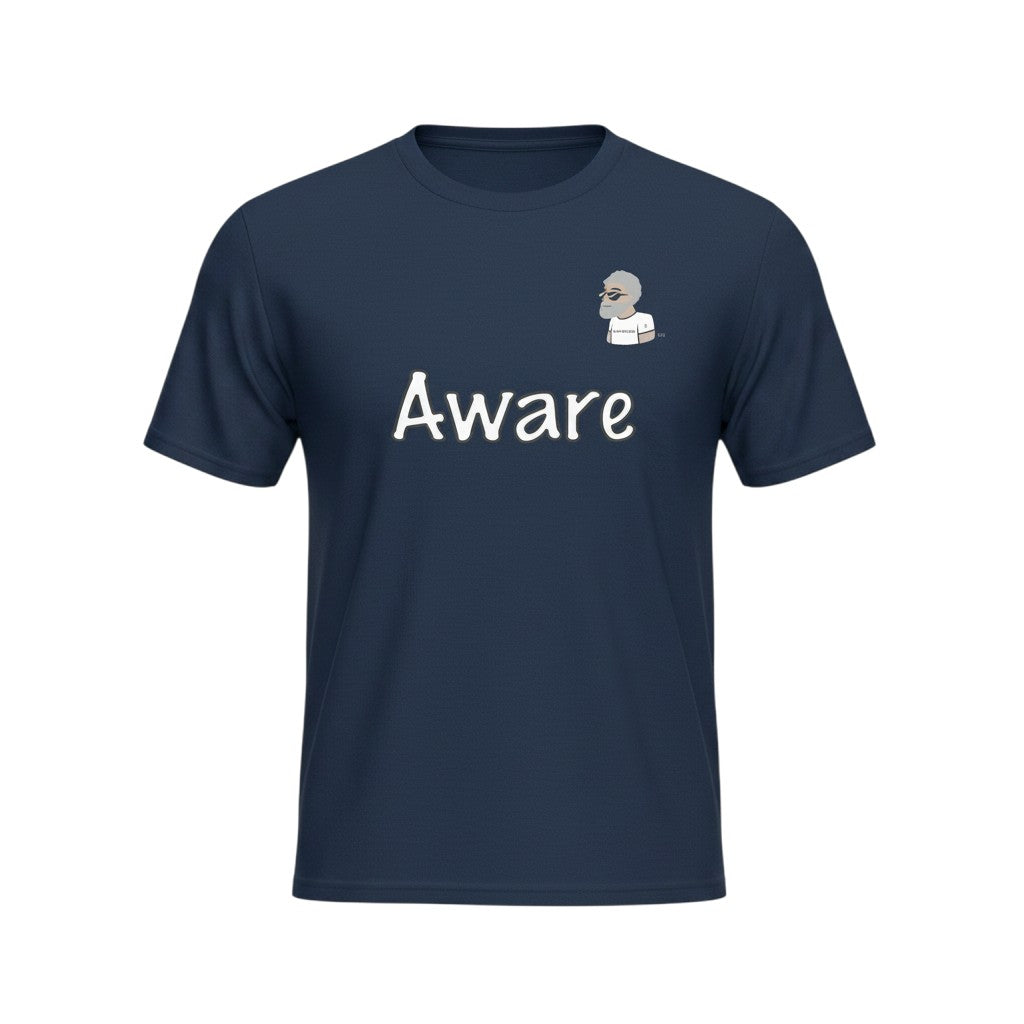 Big Daddy Allen Productions navy blue cotton t-shirt with white "Aware" graphic and BDA logo.