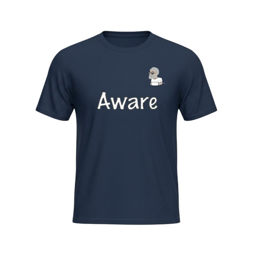 Big Daddy Allen Productions navy blue cotton t-shirt with white "Aware" graphic and BDA logo.