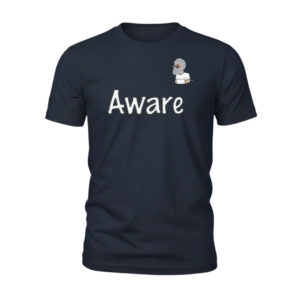 Big Daddy Allen Productions navy blue cotton t-shirt with white "Aware" graphic and BDA logo on chest.