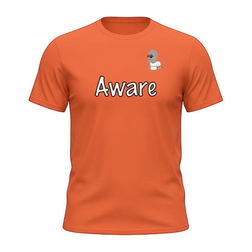 Big Daddy Allen Productions orange cotton t-shirt with "Aware" graphic and BDA logo on chest. Relaxed fit.