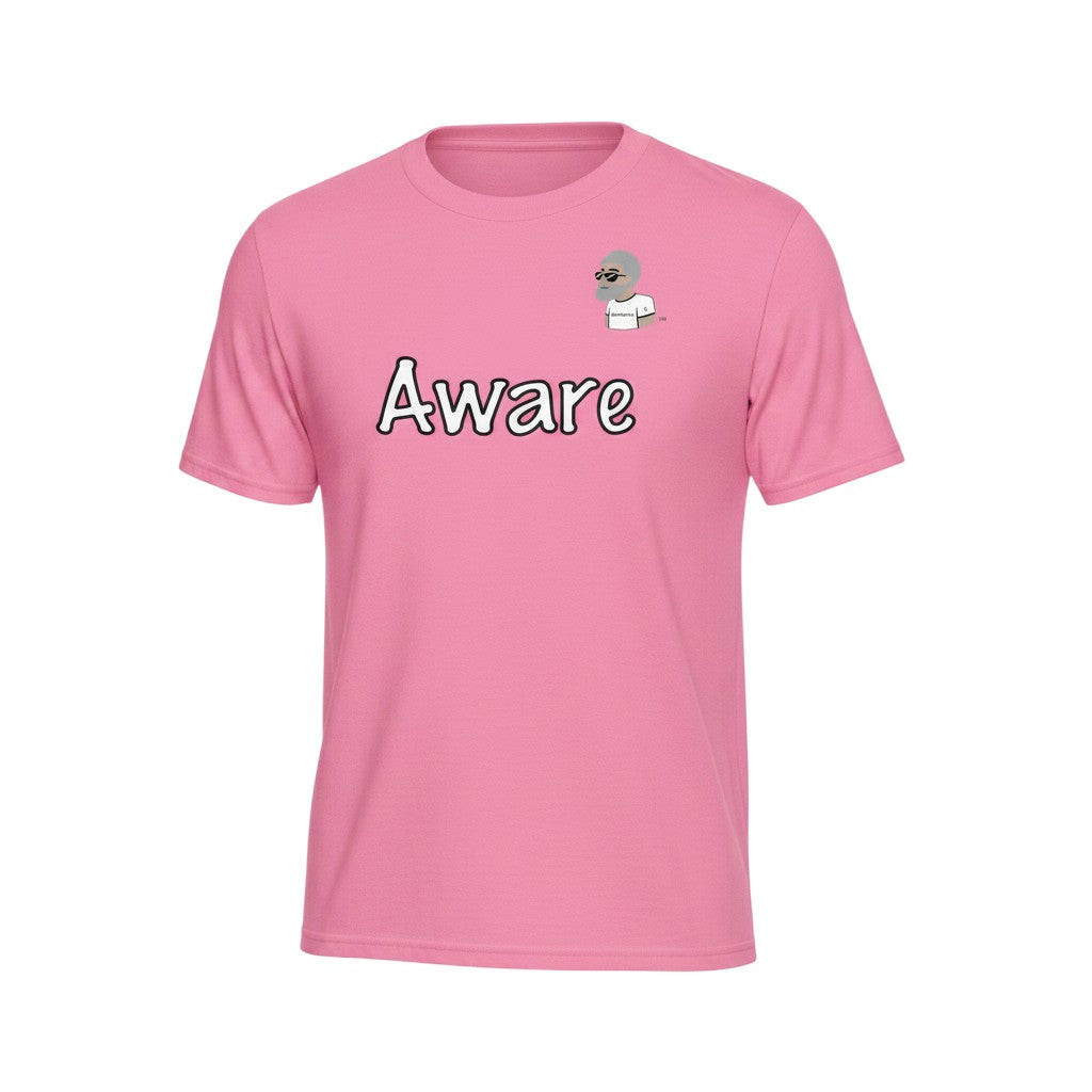 Big Daddy Allen Productions pink cotton t-shirt with "Aware" graphic and BDA logo on chest.