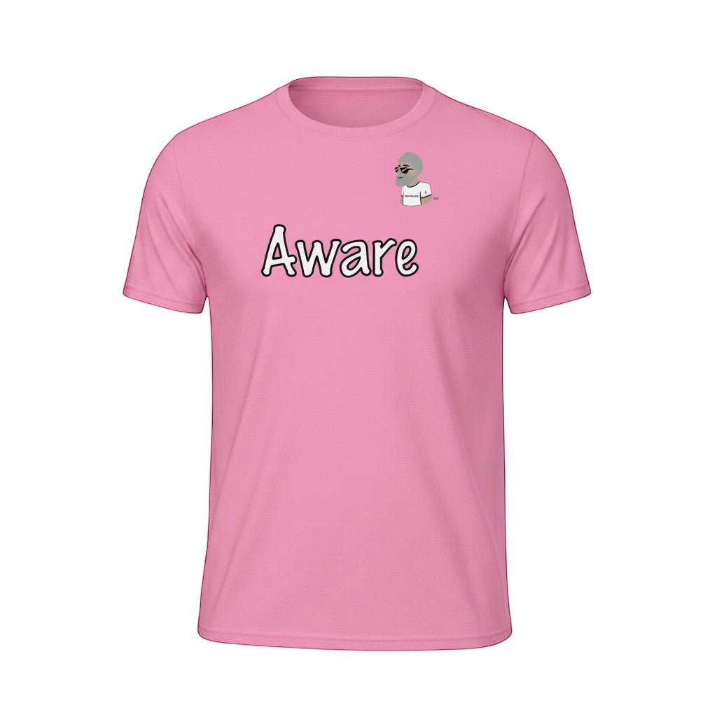 Big Daddy Allen Productions pink cotton t-shirt with "Aware" graphic and BDA logo on chest. Relaxed fit.