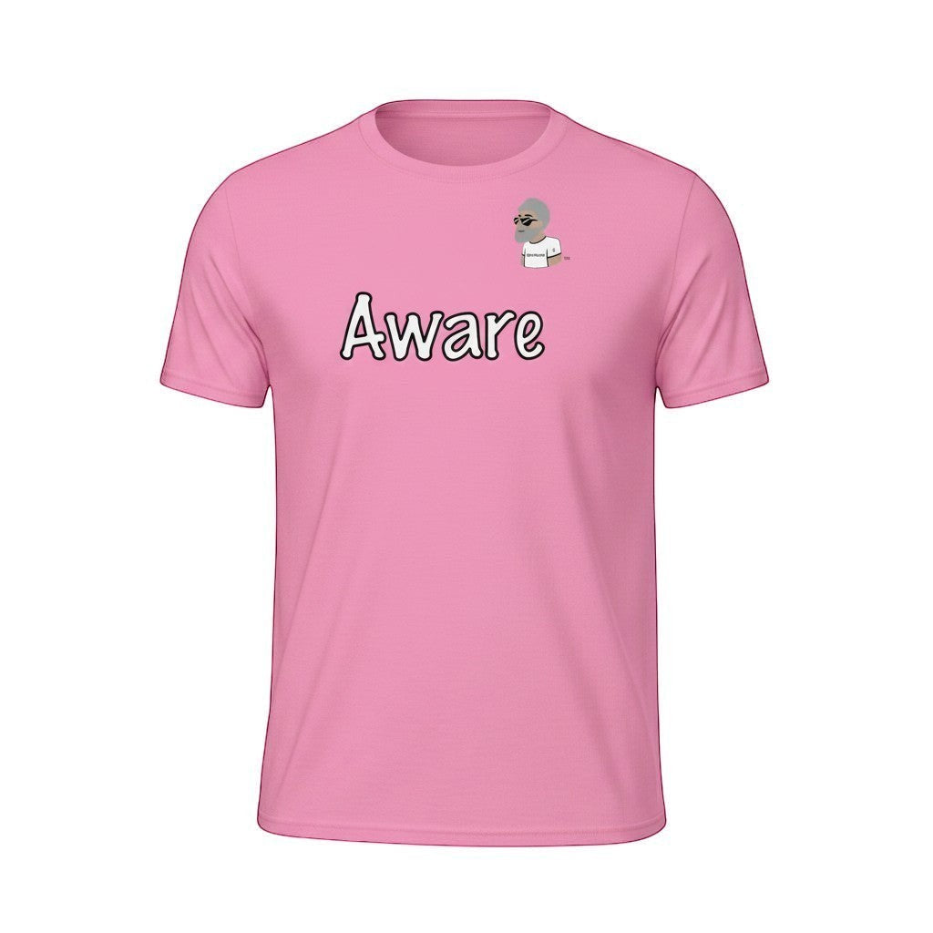 Big Daddy Allen Productions pink cotton t-shirt with "Aware" graphic and BDA logo on chest. Relaxed fit.