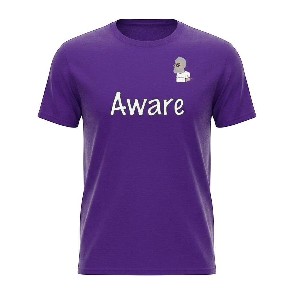 Big Daddy Allen Productions purple cotton t-shirt with "Aware" graphic and BDA logo on chest. Relaxed fit.