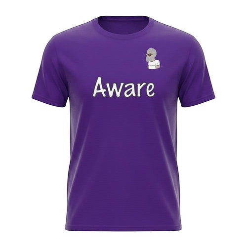 Big Daddy Allen Productions purple cotton t-shirt with "Aware" graphic and BDA logo on chest. Relaxed fit.
