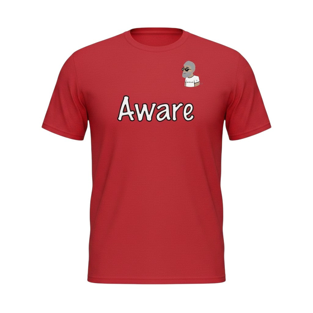 Big Daddy Allen Productions red cotton t-shirt with "Aware" graphic and BDA logo on chest. Relaxed fit.