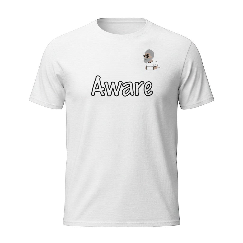 Big Daddy Allen Productions white cotton t-shirt with "Aware" graphic and BDA logo on chest. Relaxed fit.