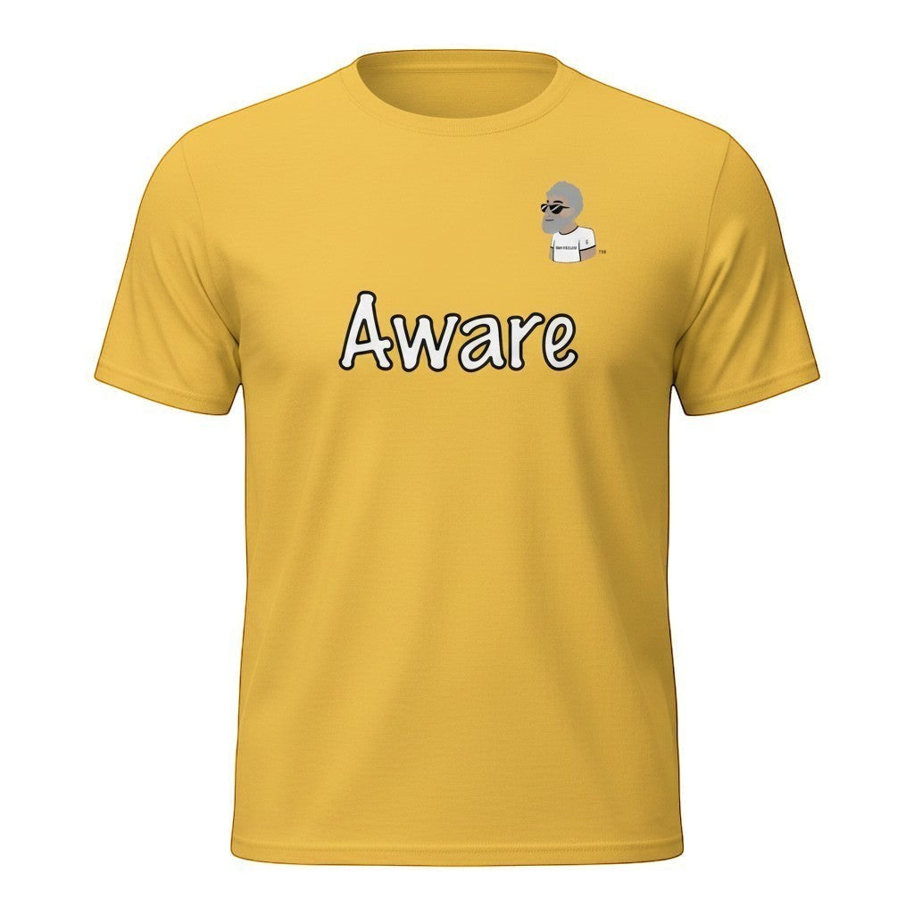 Big Daddy Allen Productions yellow cotton t-shirt with "Aware" graphic and BDA logo on chest.