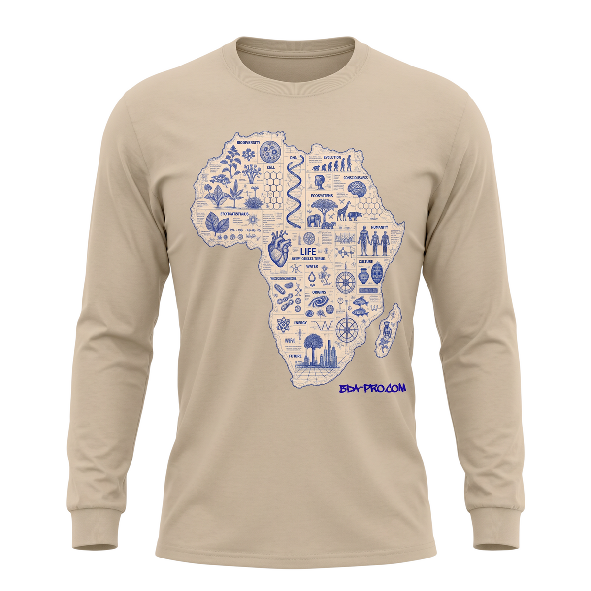 Big Daddy Allen Productions long sleeve t-shirt in beige with a blue intricate African continent science graphic print
