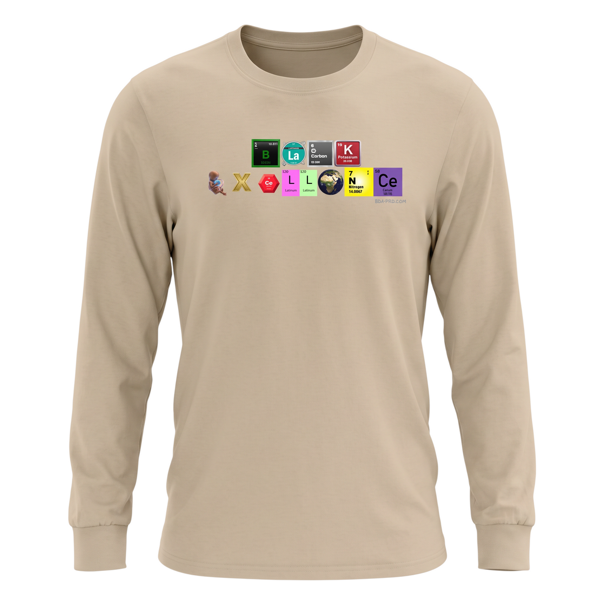 Big Daddy Allen Productions beige long sleeve shirt with periodic table graphic spelling Black Excellence