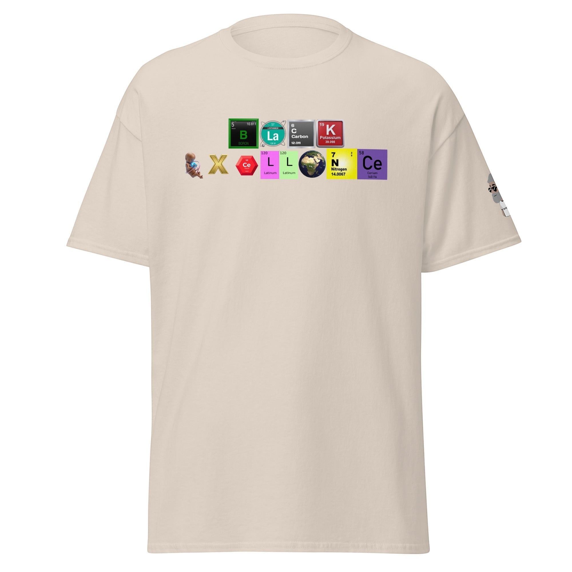 Big Daddy Allen Productions beige graphic tee featuring a periodic table design spelling Black Excellence with symbols.
