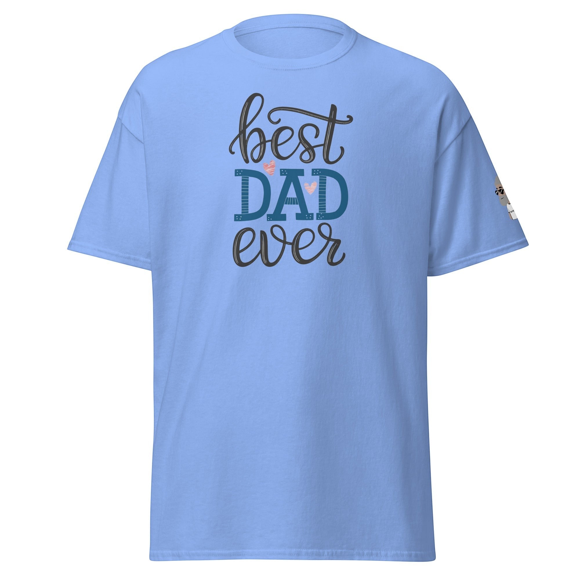 Big Daddy Allen Productions light blue graphic t-shirt with "Best Dad Ever" text and heart accents.