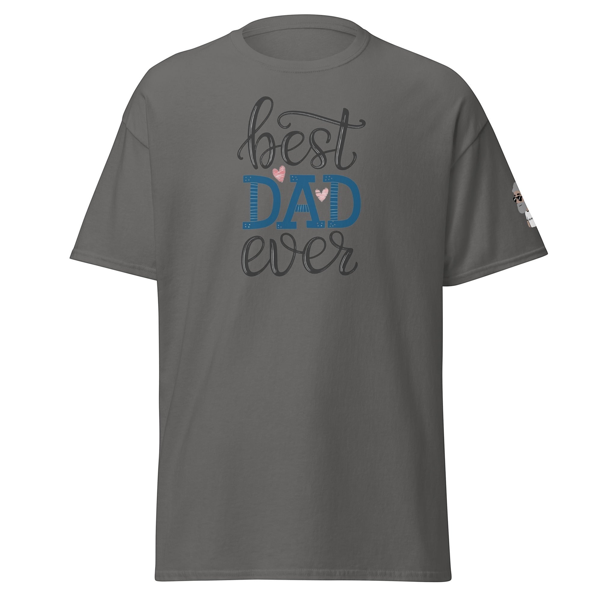 Big Daddy Allen Productions charcoal grey t-shirt with "Best Dad Ever" graphic in blue and grey with pink heart accents.