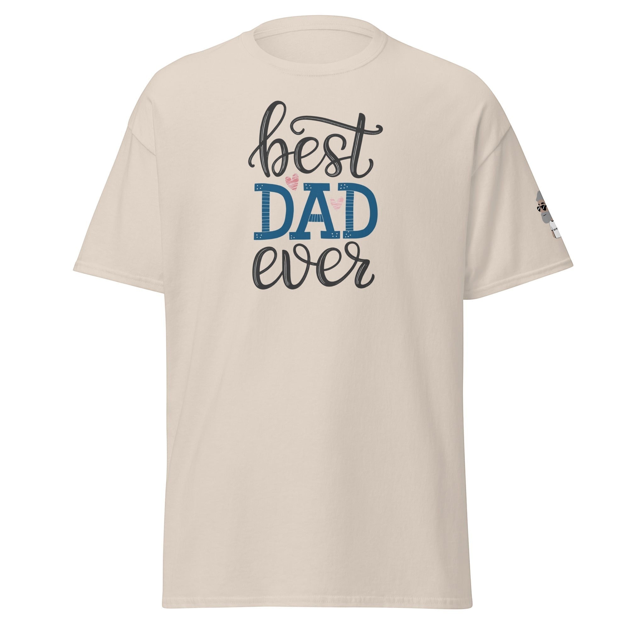 Big Daddy Allen Productions cream graphic t-shirt with "Best Dad Ever" text in blue and black with heart accents.