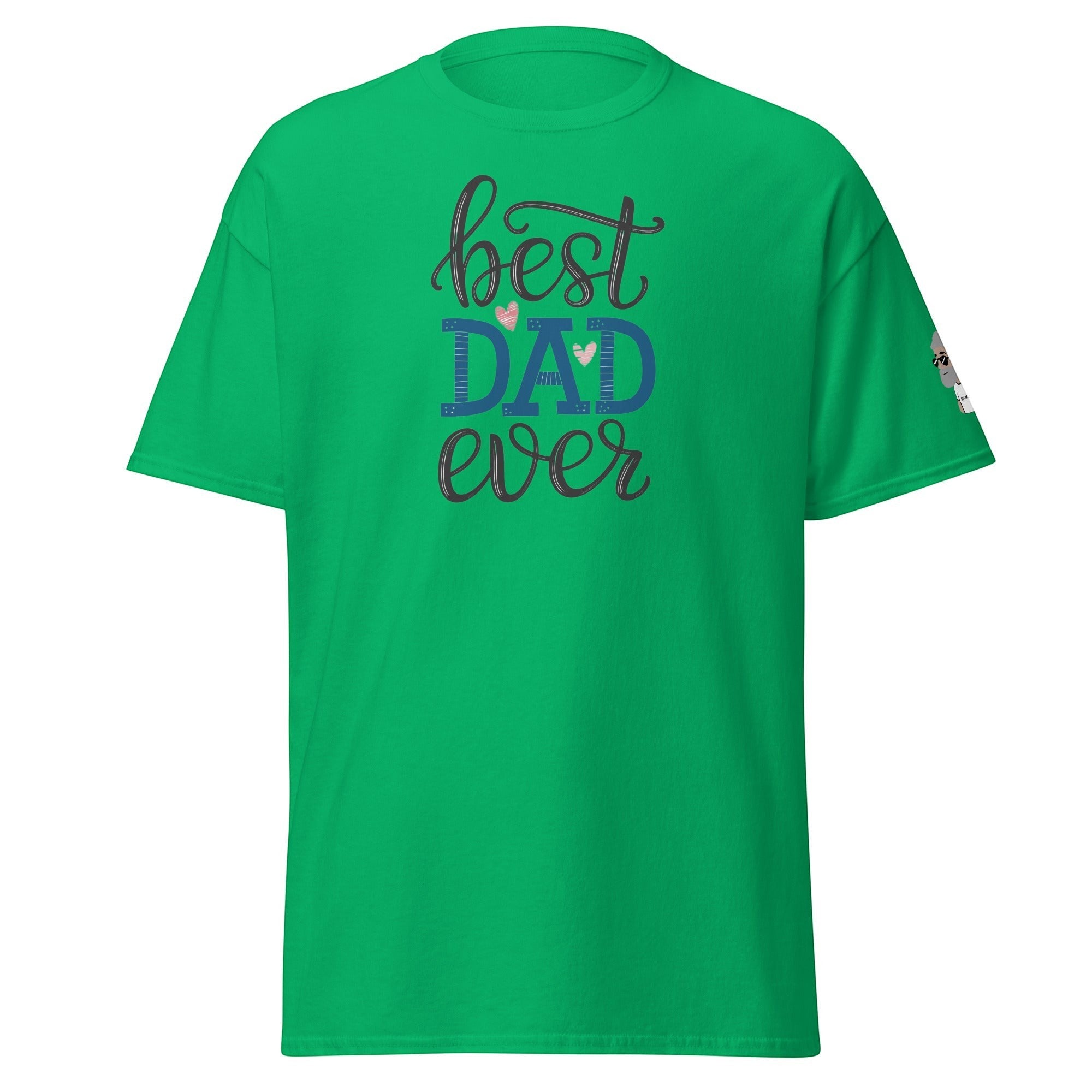 Big Daddy Allen Productions green graphic t-shirt with "Best Dad Ever" text and heart accents.