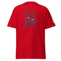 Big Daddy Allen Productions red t-shirt with "Best Dad Ever" graphic in blue and grey with heart accents.