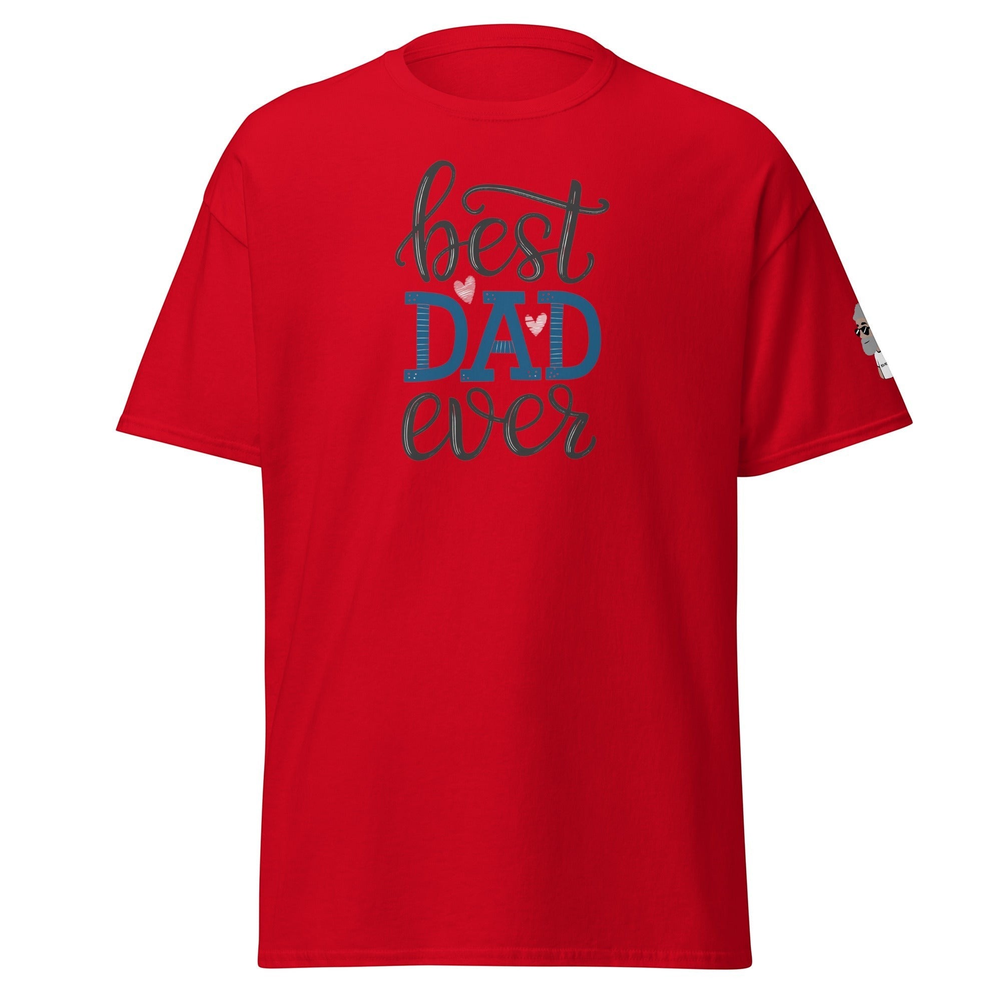 Big Daddy Allen Productions red t-shirt with "Best Dad Ever" graphic in blue and grey with heart accents.