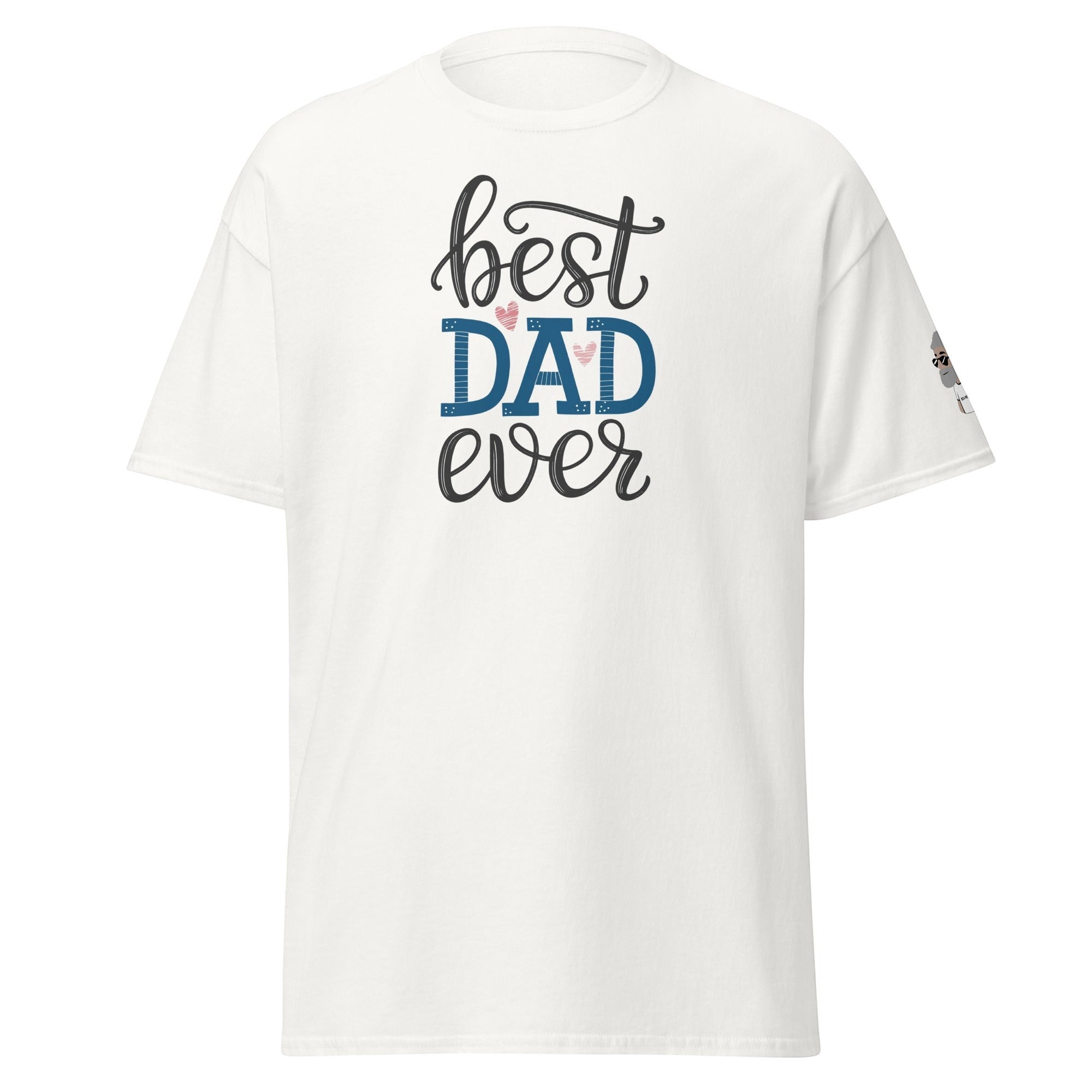 White Big Daddy Allen Productions t-shirt with "Best Dad Ever" graphic in blue and pink.