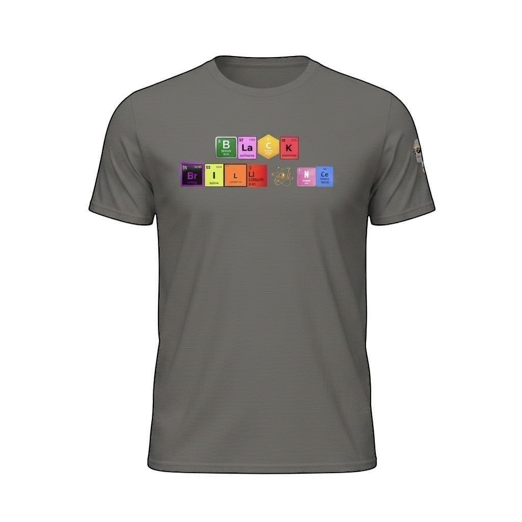 Big Daddy Allen Productions Black Brilliance graphic t-shirt with periodic table elements spelling out "BLACK BRILLIANCE".  100% cotton.