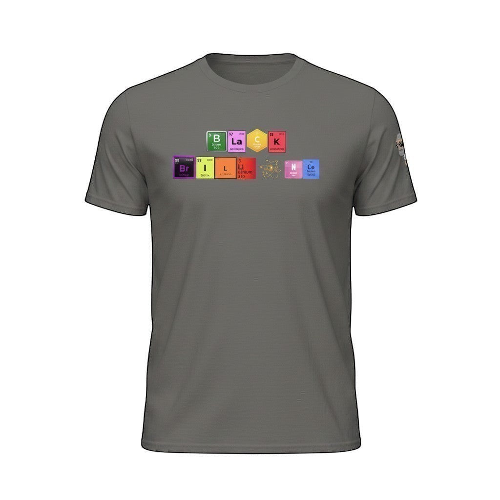 Big Daddy Allen Productions Black Brilliance graphic t-shirt with periodic table elements spelling out "BLACK BRILLIANCE".  100% cotton.