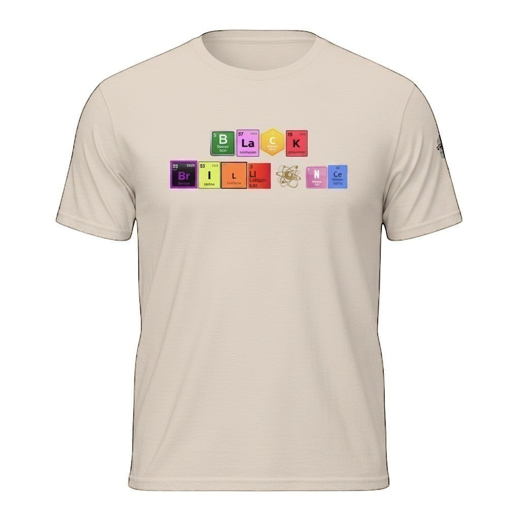 Big Daddy Allen Productions Black Brilliance graphic t-shirt, 100% cotton, beige with periodic table elements spelling out "BLACK BRILLIANCE".