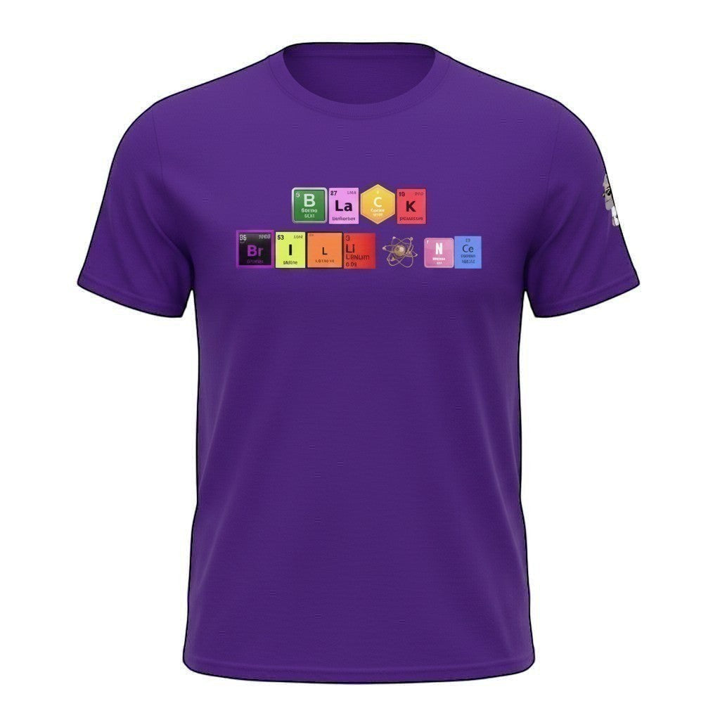 Big Daddy Allen Productions purple 100% cotton t-shirt with "Black Brilliance" graphic using periodic table elements.