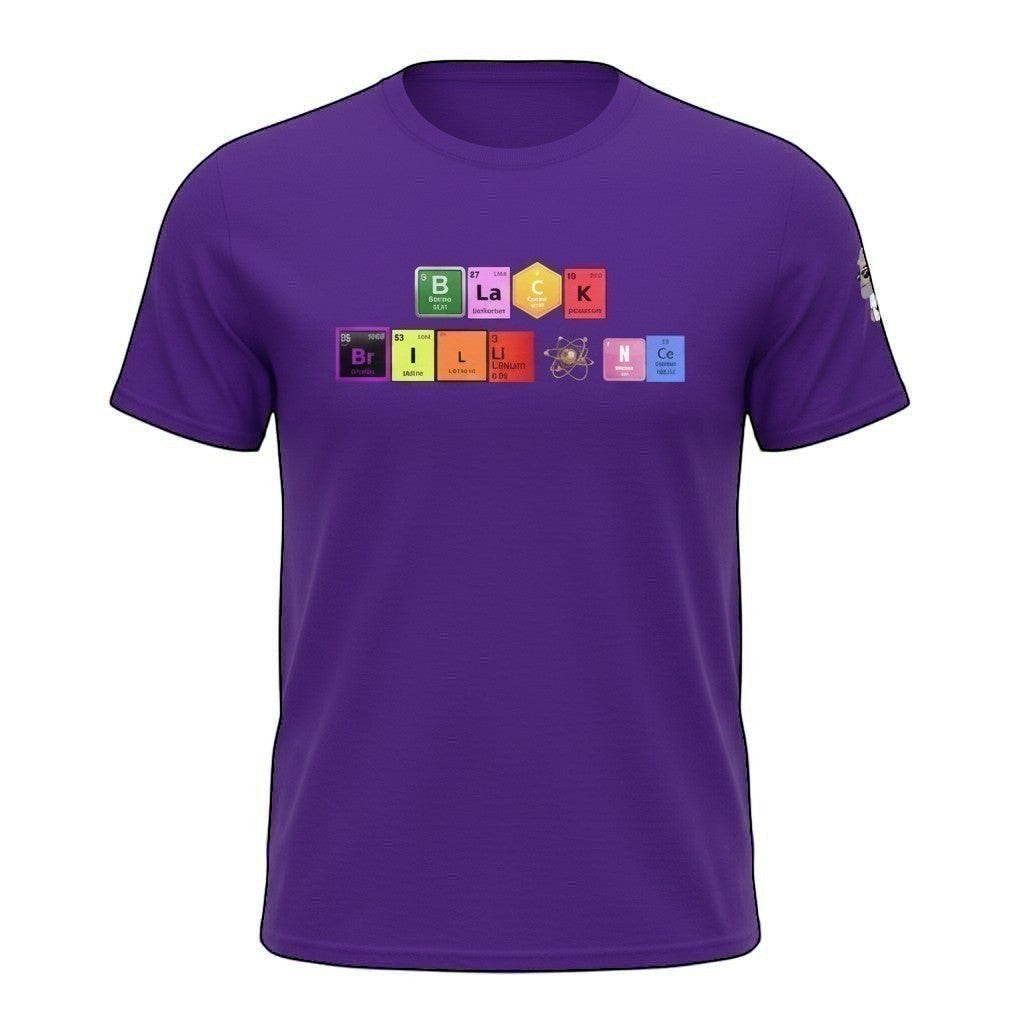 Big Daddy Allen Productions purple 100% cotton t-shirt with "Black Brilliance" graphic using periodic table elements.