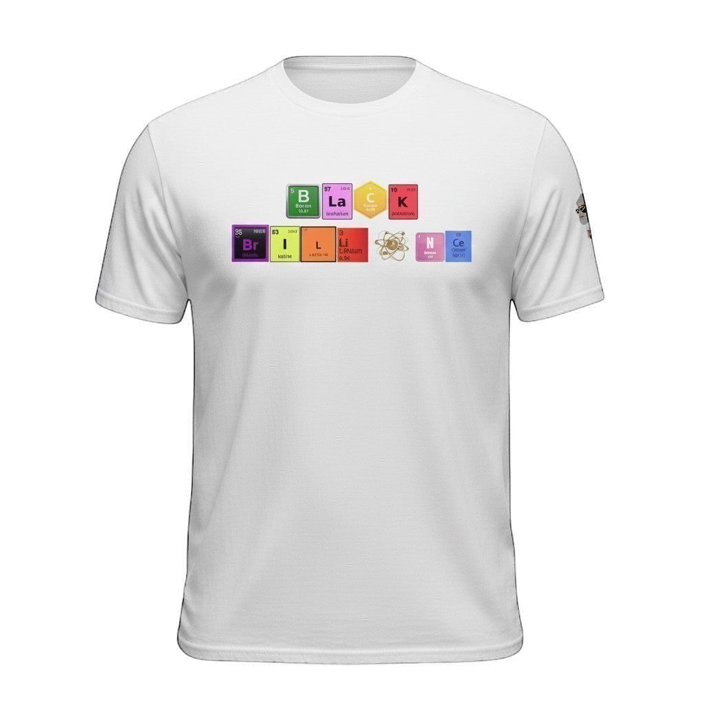 Big Daddy Allen Productions white 100% cotton t-shirt with a graphic of periodic table elements spelling out "Black Brilliance".