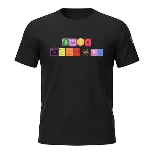 Big Daddy Allen Productions black cotton t-shirt with "BLACK BRILLIANCE" spelled out using periodic table elements. BDA logo on left sleeve.