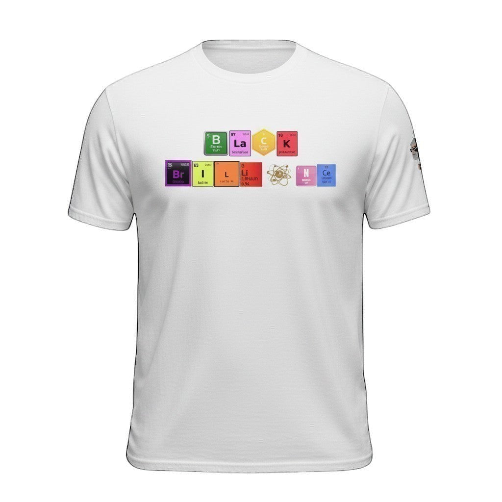Big Daddy Allen Productions white 100% cotton t-shirt with a graphic of periodic table elements spelling out "Black Brilliance".
