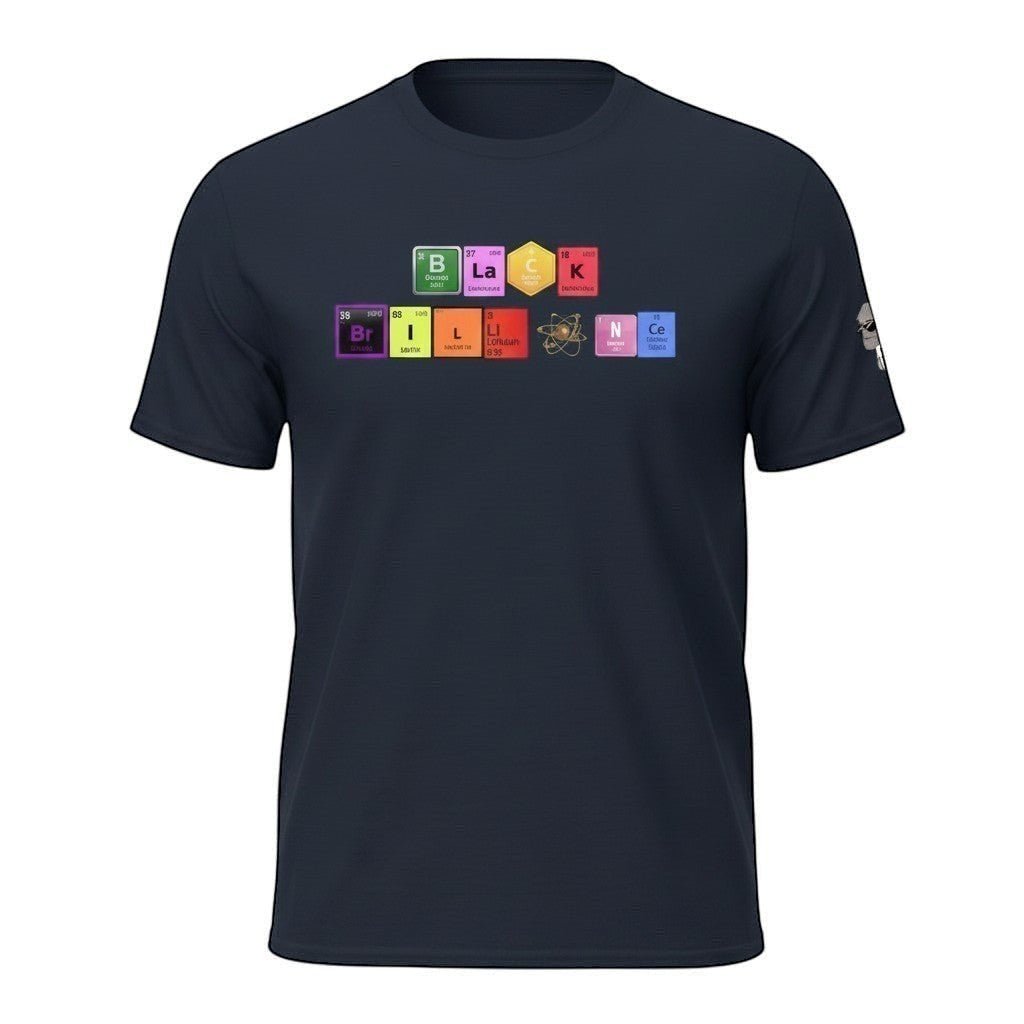 Big Daddy Allen Productions navy blue t-shirt with "BLACK BRILLIANCE" spelled out using periodic table elements and an atom graphic.