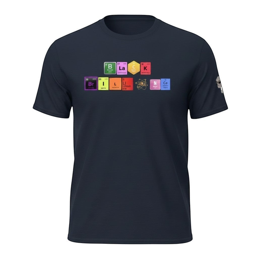 Big Daddy Allen Productions navy blue t-shirt with "BLACK BRILLIANCE" spelled out using periodic table elements and an atom graphic.