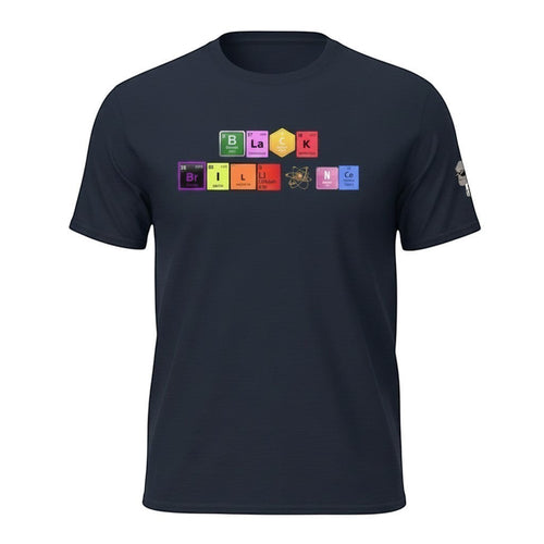 Big Daddy Allen Productions navy blue t-shirt with "BLACK BRILLIANCE" spelled out using periodic table elements and an atom graphic.