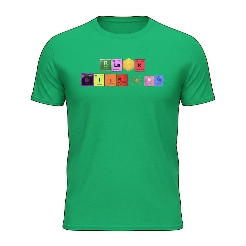 Big Daddy Allen Productions green t-shirt with periodic table elements spelling out "BLACK BRILLIANCE" and a science graphic.