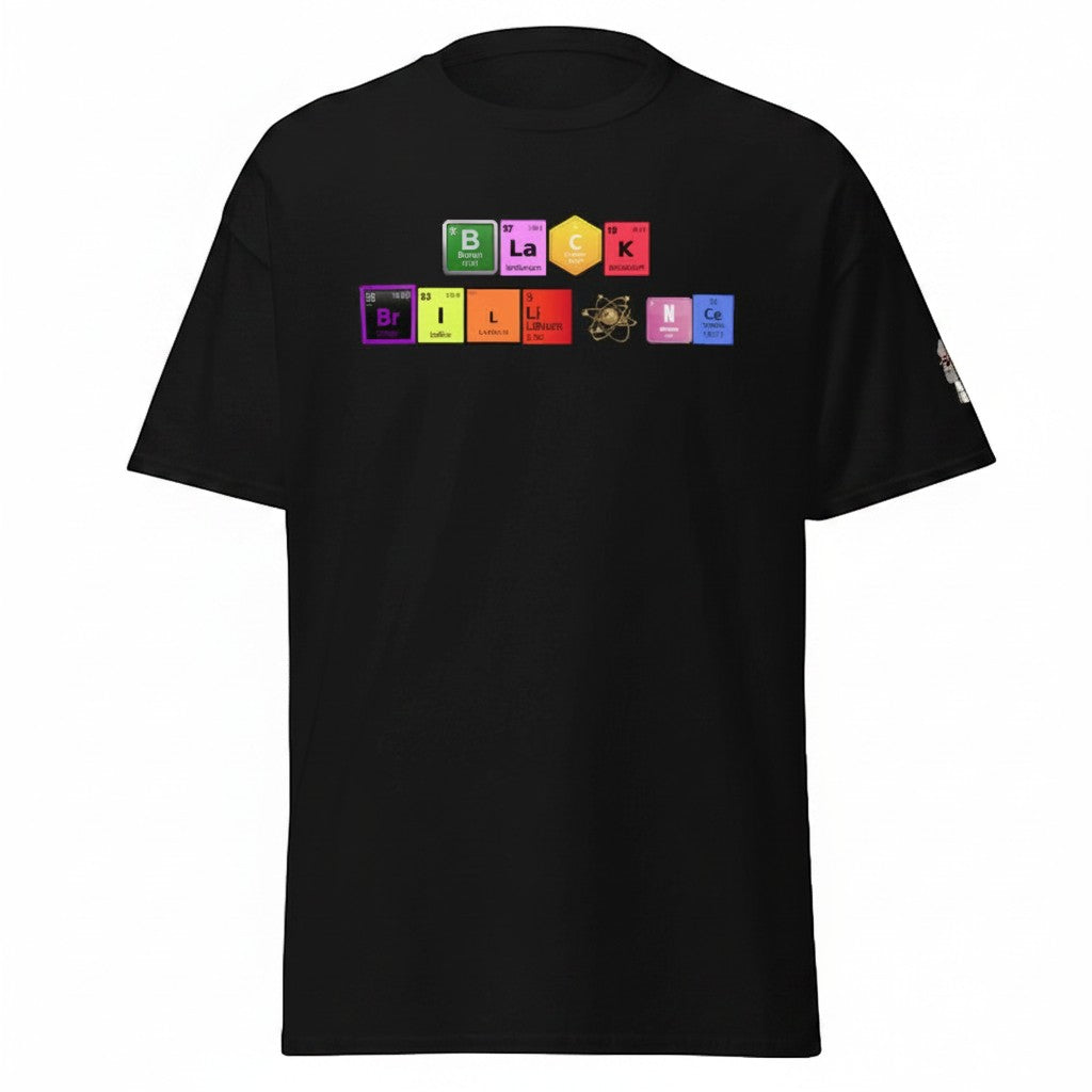 Big Daddy Allen Productions black t-shirt with "BLACK BRILLIANCE" spelled out using periodic table elements.