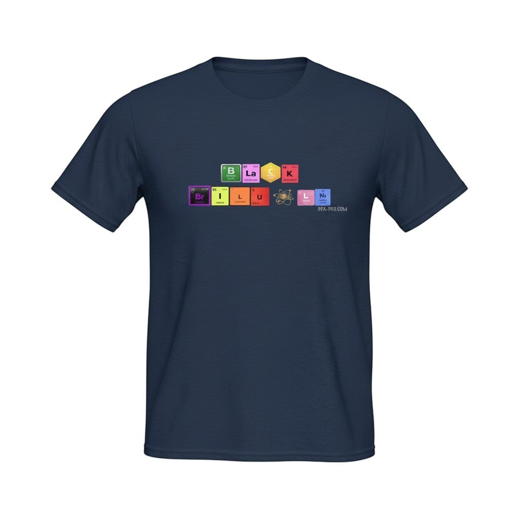 Big Daddy Allen Productions navy blue cotton t-shirt with "BLACK BRILLIANCE" spelled out using periodic table element symbols.