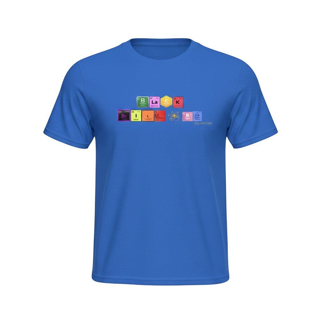 Big Daddy Allen Productions blue cotton t-shirt with periodic table elements spelling BLACK BRILLIANCE.