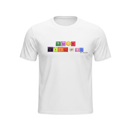 Big Daddy Allen Productions white cotton t-shirt with "BLACK BRILLIANCE" spelled out using periodic table element symbols.