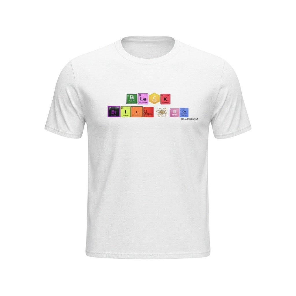 Big Daddy Allen Productions white cotton t-shirt with "BLACK BRILLIANCE" spelled out using periodic table element symbols.