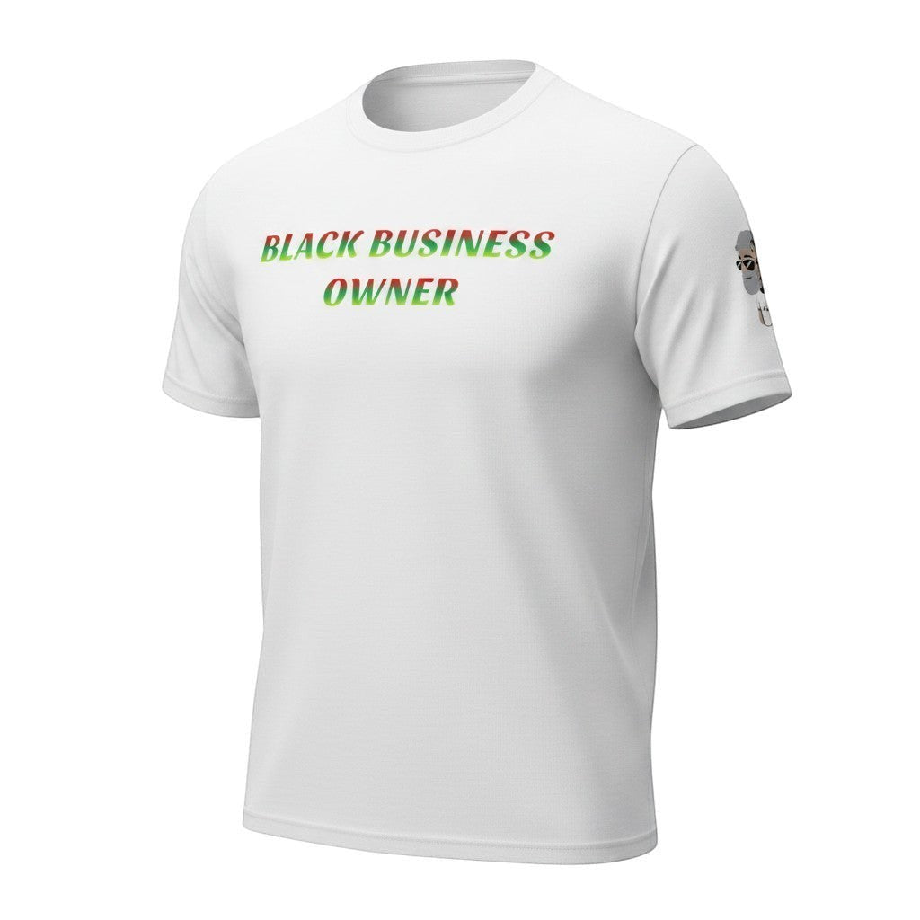 Big Daddy Allen Productions white cotton t-shirt with gradient Pan-African colors spelling "BLACK BUSINESS OWNER".