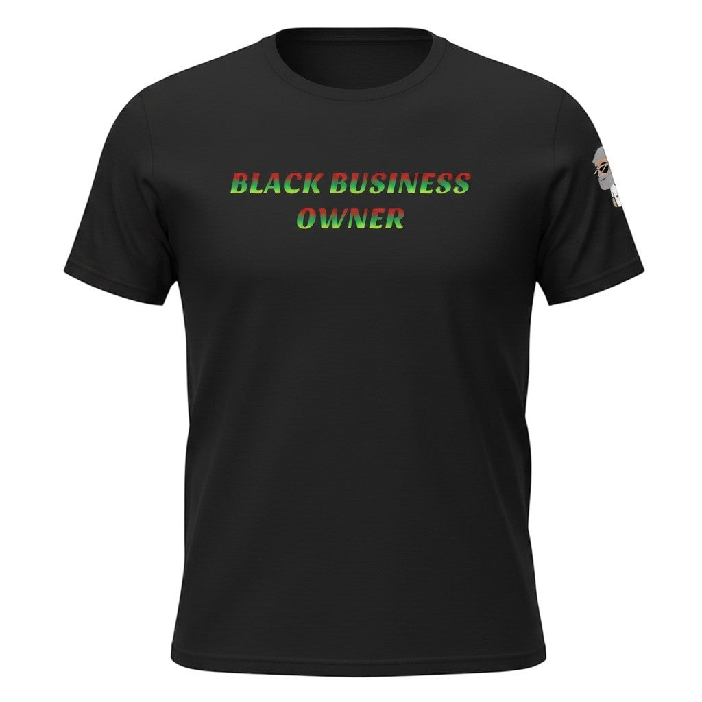 Big Daddy Allen Productions black cotton t-shirt with gradient Pan-African colors spelling "BLACK BUSINESS OWNER"