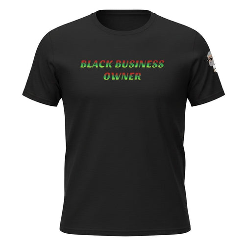 Big Daddy Allen Productions black cotton t-shirt with gradient Pan-African colors spelling "BLACK BUSINESS OWNER"