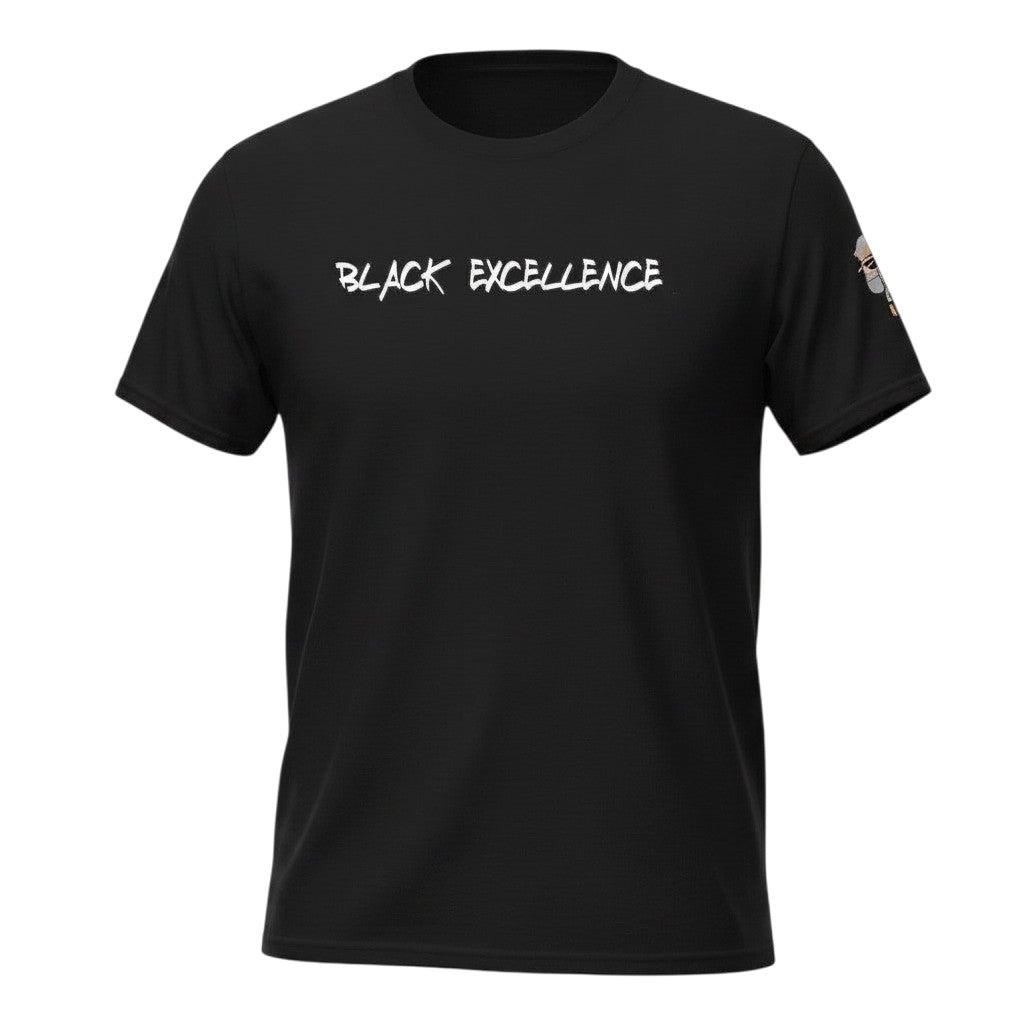Big Daddy Allen Productions black cotton t-shirt with white "BLACK EXCELLENCE" graphic and BDA logo on sleeve.