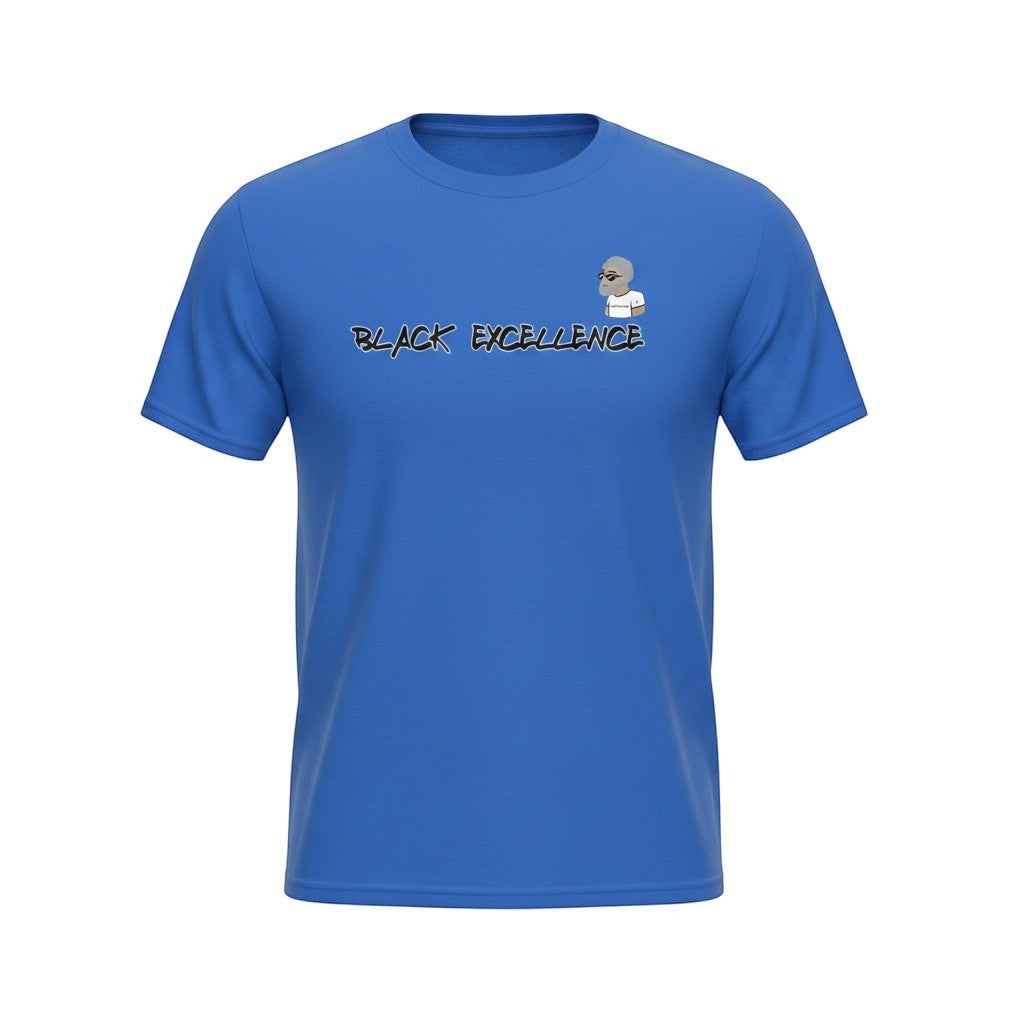 Big Daddy Allen Productions blue t-shirt with "BLACK EXCELLENCE" graphic and BDA logo. Cotton blend.