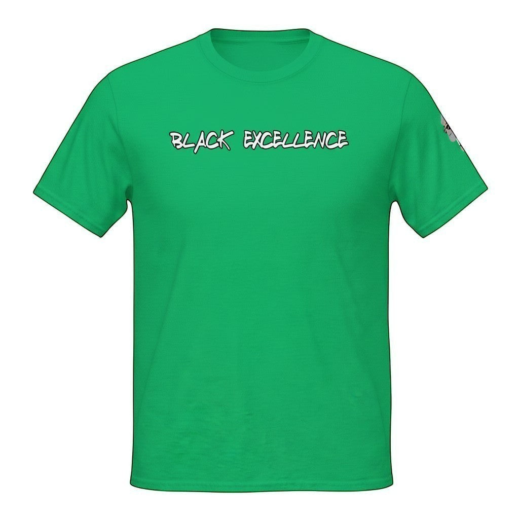 Big Daddy Allen Productions green 100% cotton t-shirt with "BLACK EXCELLENCE" graphic on front and BDA logo on sleeve.