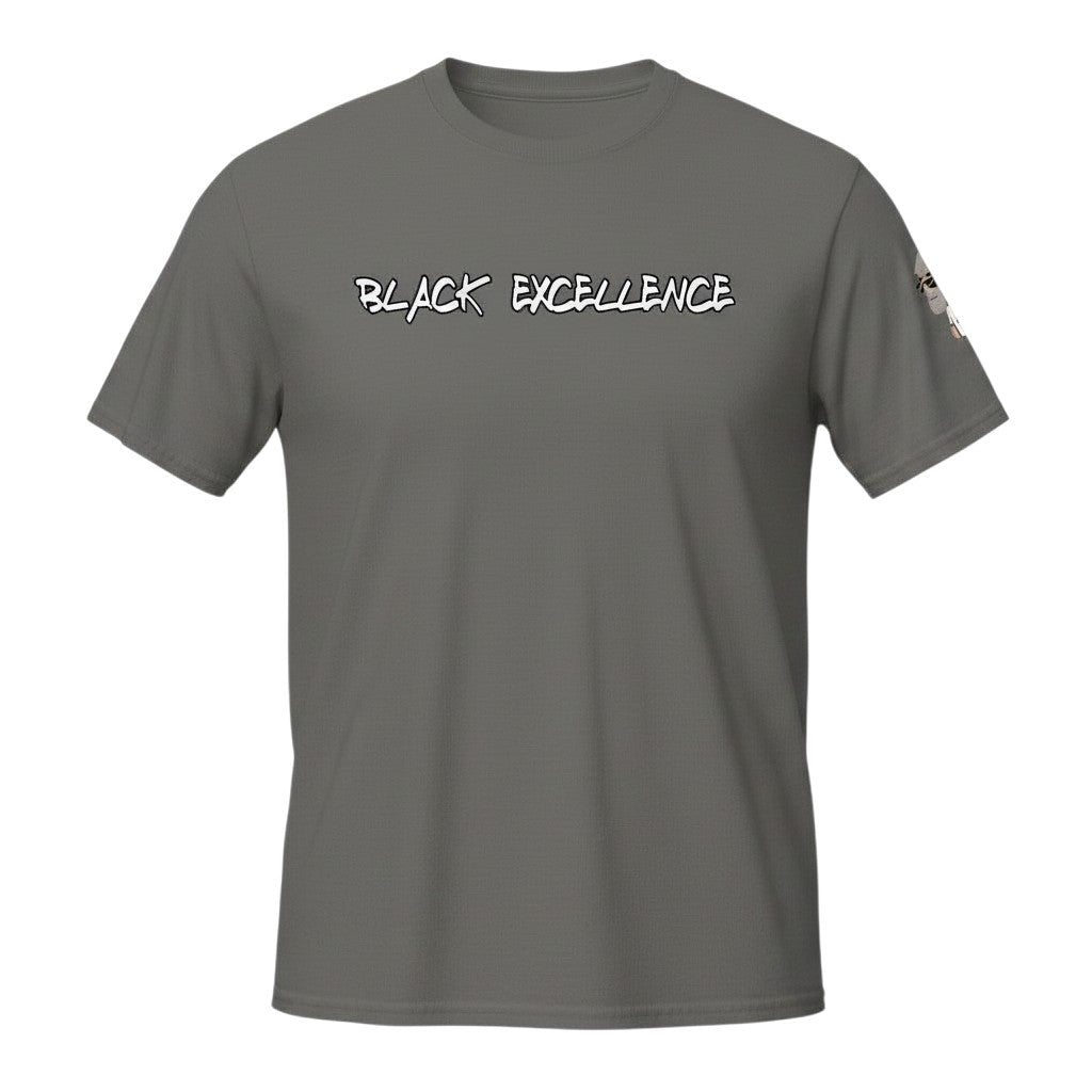 Big Daddy Allen Productions grey cotton t-shirt with "BLACK EXCELLENCE" graphic and BDA logo on sleeve.