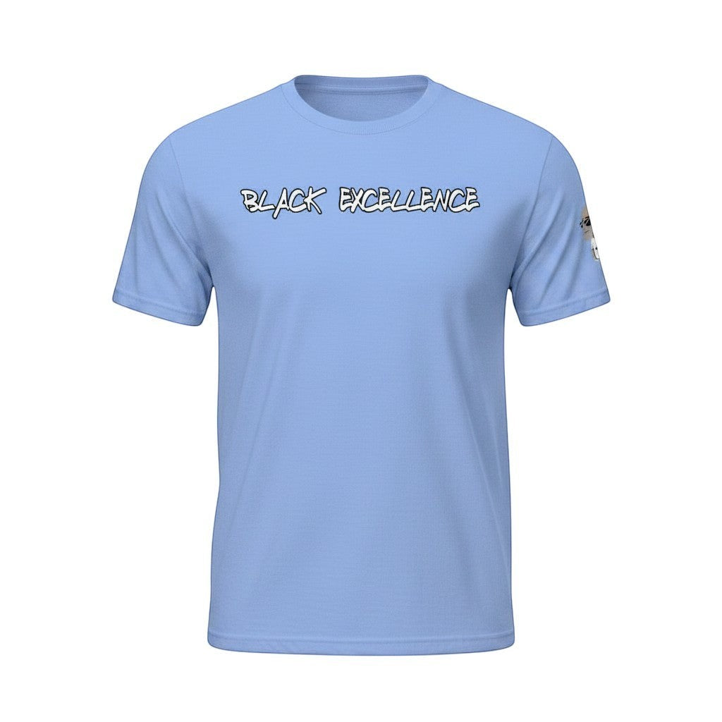 Big Daddy Allen Productions light blue cotton t-shirt with "BLACK EXCELLENCE" graphic and BDA logo on sleeve.