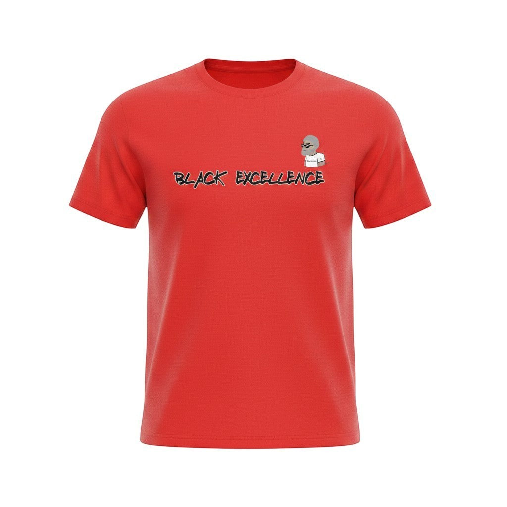 Big Daddy Allen Productions red t-shirt with "BLACK EXCELLENCE" graphic and BDA logo.