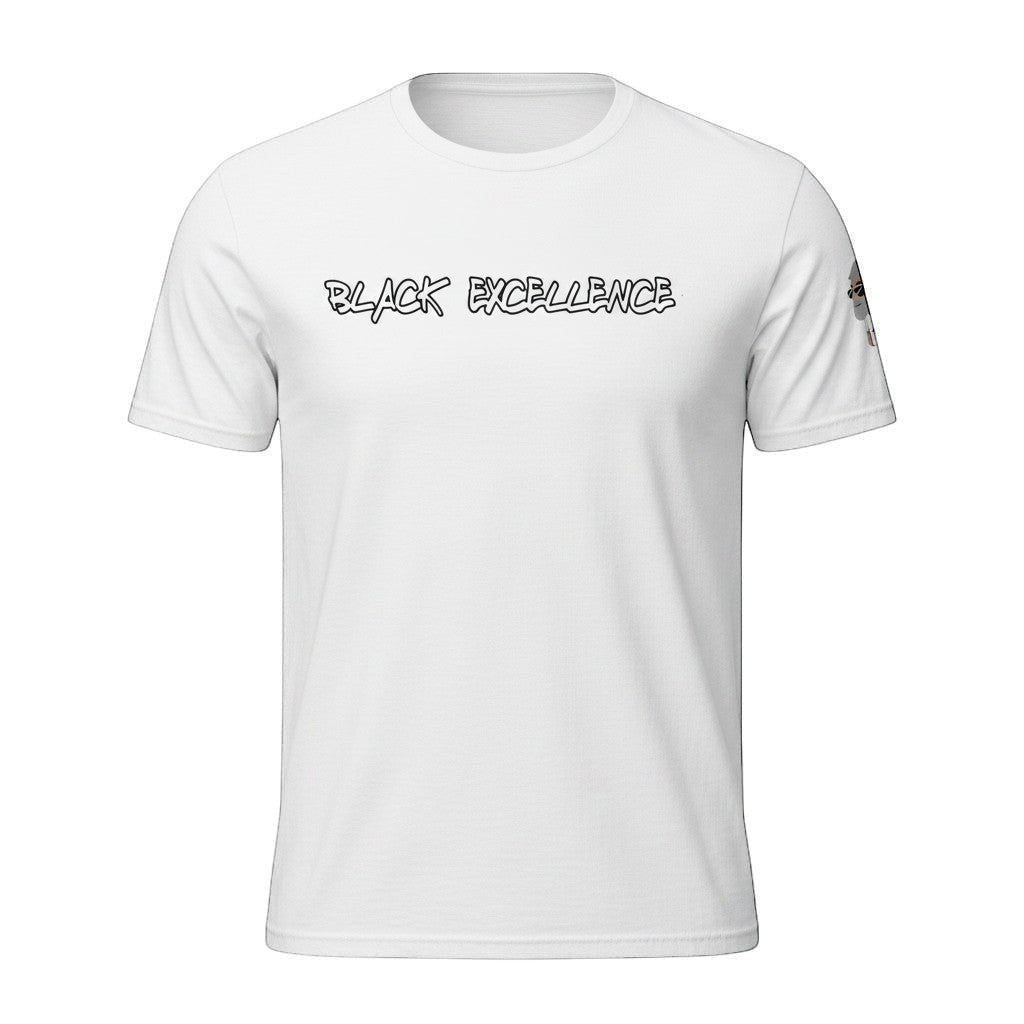 Big Daddy Allen Productions white 100% cotton unisex t-shirt with "Black Excellence" graphic on front and BDA logo on sleeve.
